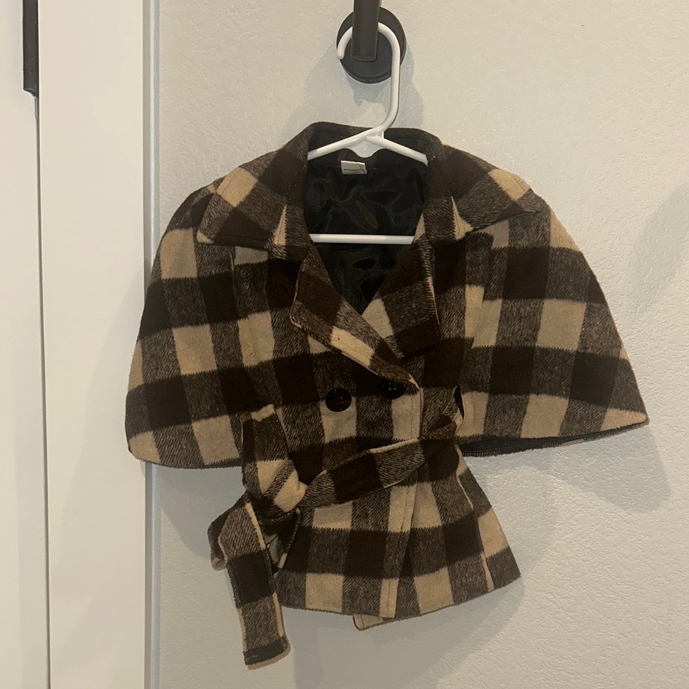 EUC Toddler Girls Plaid Brown & Tan Plaid Coat Jacket Cape by Dino Bebe Size 5